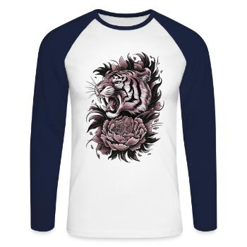 Wild Tiger & Flower Shirt - Unisex Long Sleeve Baseball T-Shirt - white/navy - Front - Nik (191cm)
