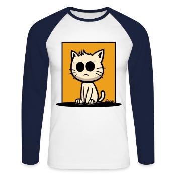 Cat with big eyes on orange background - Unisex Long Sleeve Baseball T-Shirt - white/navy - Front - Nik (191cm)