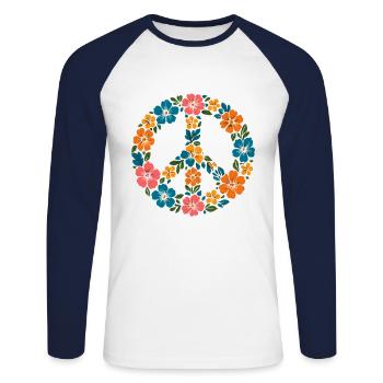 Signe de paix avec des fleurs | Style rétro hippie - T-shirt baseball manches longues Homme - blanc/marine - Devant - Nik (191cm)