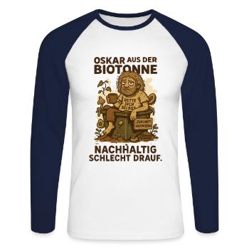 Oskar aus der Biotonne mit Spruch und Müll - Unisex Baseballshirt langarm - Weiß/Navy - Vorne - Nik (191cm)