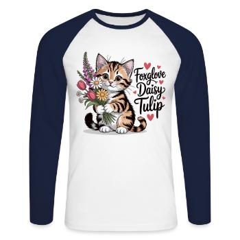 Süße Katze mit Frühlingsblumen - Unisex Baseballshirt langarm - Weiß/Navy - Vorne - Nik (191cm)