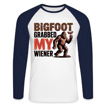 Bigfoot Got My Sausage - Unisex Long Sleeve Baseball T-Shirt - white/navy - Front - Nik (191cm)