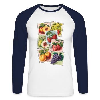 Vintage Fruit Stamps - Unisex Long Sleeve Baseball T-Shirt - white/navy - Front - Nik (191cm)