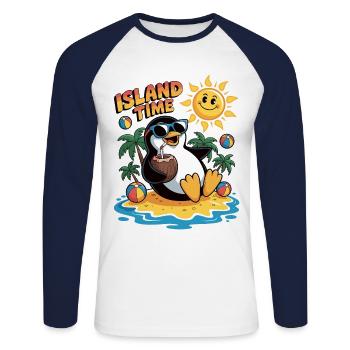Pingouin en mode vacances - T-shirt baseball manches longues Homme - blanc/marine - Devant - Nik (191cm)