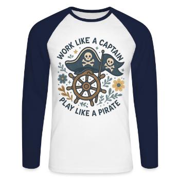 Arbeiten Wie Ein Kapitän Spielen Wie Ein Pirat - Unisex Baseballshirt langarm - Weiß/Navy - Vorne - Nik (191cm)