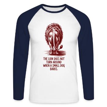 Der Löwe dreht sich nicht um – Motivationsshirt - Unisex Baseballshirt langarm - Weiß/Navy - Vorne - Nik (191cm)