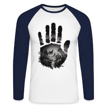 The Power of Nature – Handprint with Mountain Motif - Unisex Long Sleeve Baseball T-Shirt - white/navy - Front - Nik (191cm)