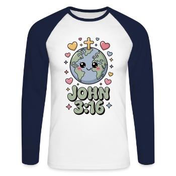 John 3:16 —Cute Christian World - Unisex Long Sleeve Baseball T-Shirt - white/navy - Front - Nik (191cm)