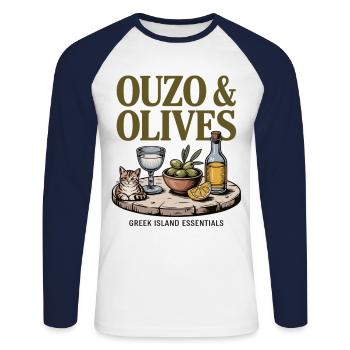 Ouzo & Olives – Greek Joie de vivre - Unisex Long Sleeve Baseball T-Shirt - white/navy - Front - Nik (191cm)