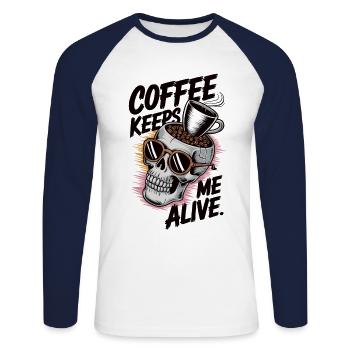 Funny coffee shirt with skull and mug - Unisex Long Sleeve Baseball T-Shirt - white/navy - Front - Nik (191cm)