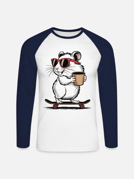 Cool skateboard hamster with coffee - Unisex Long Sleeve Baseball T-Shirt - white/navy