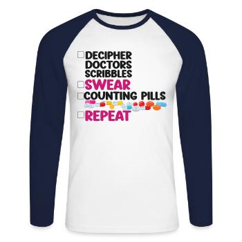 Technicien en pharmacie - T-shirt baseball manches longues Homme - blanc/marine - Devant - Nik (191cm)