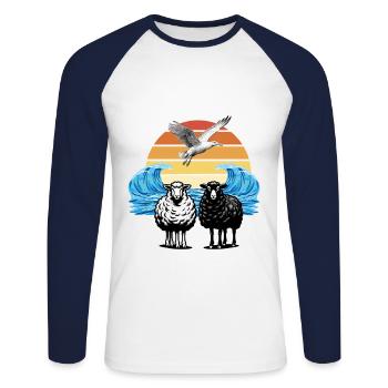 mouton mouton coucher de soleil mer mouette - T-shirt baseball manches longues Homme - blanc/marine - Devant - Nik (191cm)