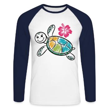 Colorful Turtle with Hibiscus – Summer Shirt - Unisex Long Sleeve Baseball T-Shirt - white/navy - Front - Nik (191cm)