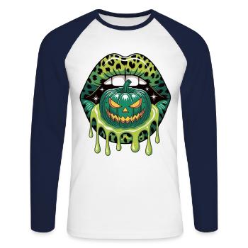 Leopard Lips & Pumpkin – Halloween - Unisex Long Sleeve Baseball T-Shirt - white/navy - Front - Nik (191cm)