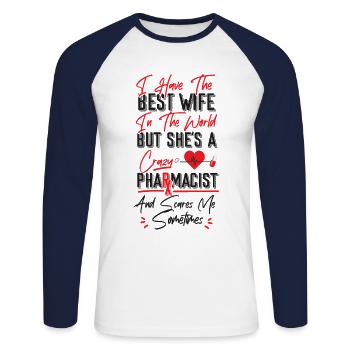 Technicien en pharmacie - T-shirt baseball manches longues Homme - blanc/marine - Devant - Nik (191cm)