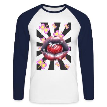 Été Fraise Amour Embrasser Bouche Rétro Années 60 - T-shirt baseball manches longues Homme - blanc/marine - Devant - Nik (191cm)