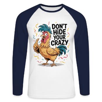 Funny Chicken Saying Shirt - Unisex Long Sleeve Baseball T-Shirt - white/navy - Front - Nik (191cm)