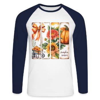 Pumpkin Season Fall Shirt - Unisex Long Sleeve Baseball T-Shirt - white/navy - Front - Nik (191cm)