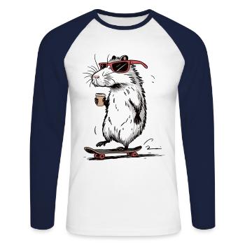 Skateboard Nager mit Kaffee Shirt - Unisex Baseballshirt langarm - Weiß/Navy - Vorne - Nik (191cm)