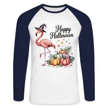Drôle de flamant rose look d’Halloween - T-shirt baseball manches longues Homme - blanc/marine - Devant - Nik (191cm)