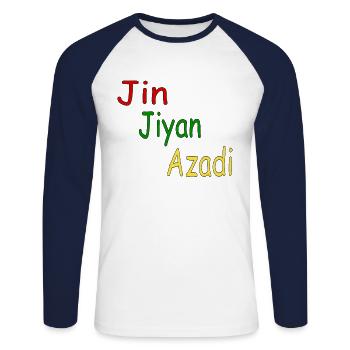 Jin Jiyan Azadi - Unisex Long Sleeve Baseball T-Shirt - white/navy - Front - Nik (191cm)