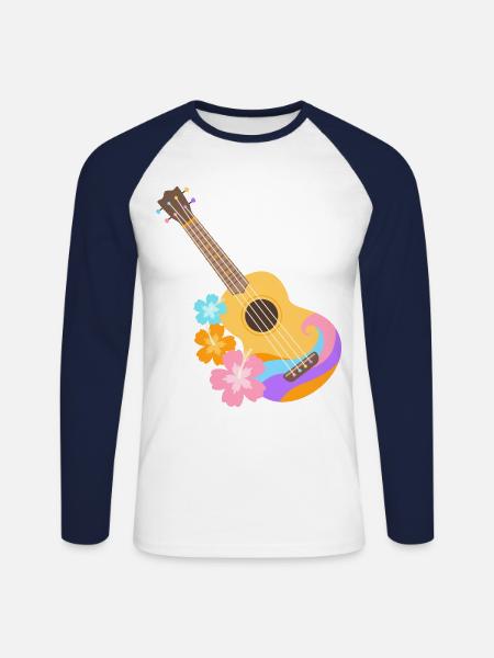Fargerikt Ukulele Wave mønster med Hibiscus blomster - Langermet baseball-skjorte for menn - hvit/marine