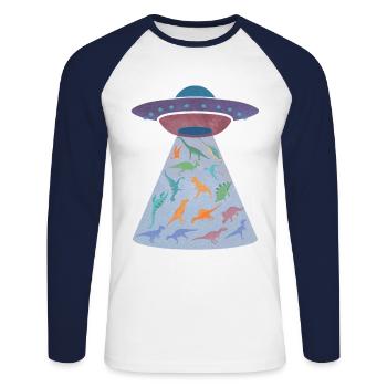 Spaceship kidnaps dinosaurs - Unisex Long Sleeve Baseball T-Shirt - white/navy - Front - Nik (191cm)