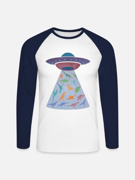 Spaceship kidnaps dinosaurs - Unisex Long Sleeve Baseball T-Shirt - white/navy