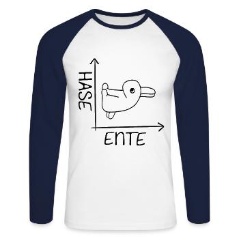 Hase oder doch Ente? Das Leben hat oft zwei Seiten - Unisex Baseballshirt langarm - Weiß/Navy - Vorne - Nik (191cm)