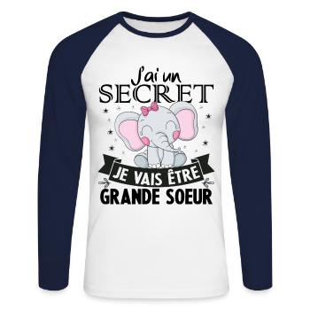 J'ai un secret je vais être grande soeur - T-shirt baseball manches longues Homme - blanc/marine - Devant - Nik (191cm)