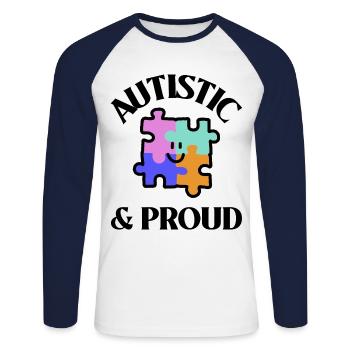 Autiste et fier - T-shirt baseball manches longues Homme - blanc/marine - Devant - Nik (191cm)
