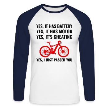 E-Bike Vélo électrique Vélo Cyclisme Biker VTT - T-shirt baseball manches longues Homme - blanc/marine - Devant - Nik (191cm)