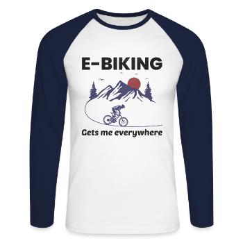 E-Bike Vélo électrique Vélo Cyclisme Biker VTT - T-shirt baseball manches longues Homme - blanc/marine - Devant - Nik (191cm)
