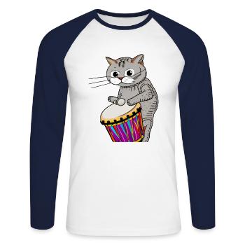 Chat jouant du Djembé Drummer Music Drum Musicien - T-shirt baseball manches longues Homme - blanc/marine - Devant - Nik (191cm)