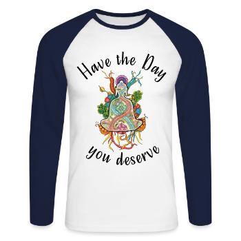 Have the Day you deserve! Buddha meditating - Unisex Long Sleeve Baseball T-Shirt - white/navy - Front - Nik (191cm)
