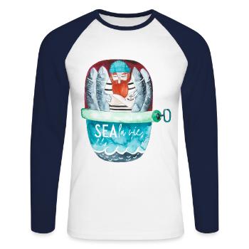 Seemann in der Sardinenbüchse / Sea la vie - Unisex Baseballshirt langarm - Weiß/Navy - Vorne - Nik (191cm)