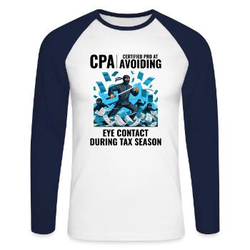 CPA Ninja : Mode furtif pendant la saison des impôts - T-shirt baseball manches longues Homme - blanc/marine - Devant - Nik (191cm)