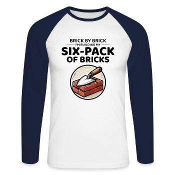 Six-Pack of Bricks: Humorous Bricklayer Fitness - Unisex Long Sleeve Baseball T-Shirt - white/navy - Front - Nik (191cm)