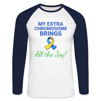 Down Syndrome Awareness Joyful Extra Chromosome - Unisex Long Sleeve Baseball T-Shirt - white/navy - Front - Nik (191cm)