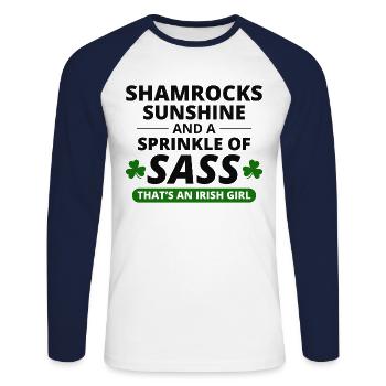 Fille irlandaise : Shamrocks, Sunshine et Sass - T-shirt baseball manches longues Homme - blanc/marine - Devant - Nik (191cm)