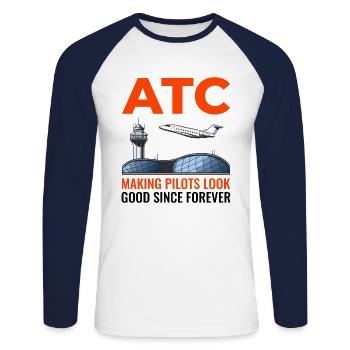 Contrôleur de la circulation aérienne ATC Aviation Humour Avion - T-shirt baseball manches longues Homme - blanc/marine - Devant - Nik (191cm)