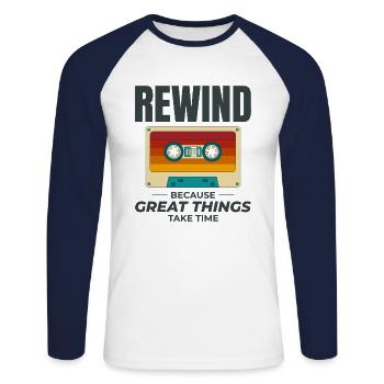 Cassette Tape Rewinding 80s Nostalgia Retro 1980s - Unisex Long Sleeve Baseball T-Shirt - white/navy - Front - Nik (191cm)
