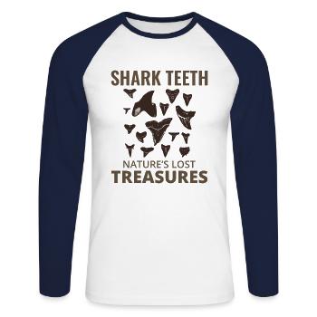 Dents de requin Collectionneur de fossiles Chasse Paléontologie - T-shirt baseball manches longues Homme - blanc/marine - Devant - Nik (191cm)