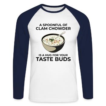 Chaudrée de palourdes, crustacés, soupe de fruits de mer hilarante - T-shirt baseball manches longues Homme - blanc/marine - Devant - Nik (191cm)