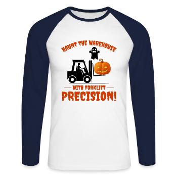 Halloween Ghost Forklift Operator Pumpkin Funny - Unisex Long Sleeve Baseball T-Shirt - white/navy - Front - Nik (191cm)