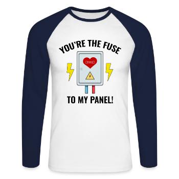 Electrician Valentine: You’re the Fuse to My Panel - Unisex Long Sleeve Baseball T-Shirt - white/navy - Front - Nik (191cm)