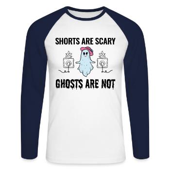 Elektriker Halloween: Shorts sind gruselige Geister - Unisex Baseballshirt langarm - Weiß/Navy - Vorne - Nik (191cm)