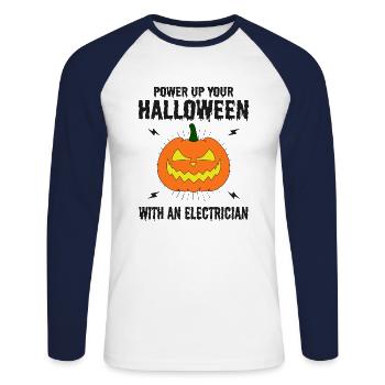 Elektriker Halloween Power Up Gruseliger Kürbis - Unisex Baseballshirt langarm - Weiß/Navy - Vorne - Nik (191cm)