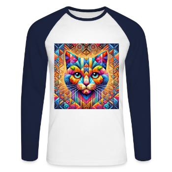 Chat Chat Mosaïque Oeuvre Géométrique Colorée - T-shirt baseball manches longues Homme - blanc/marine - Devant - Nik (191cm)